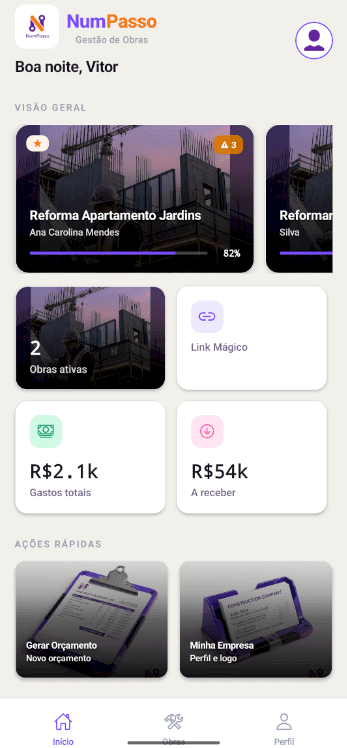 Tela inicial do NumPasso Obras