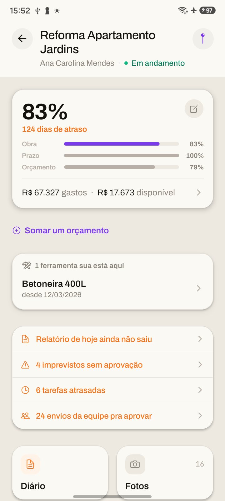 Tela da obra com andamento e pendências