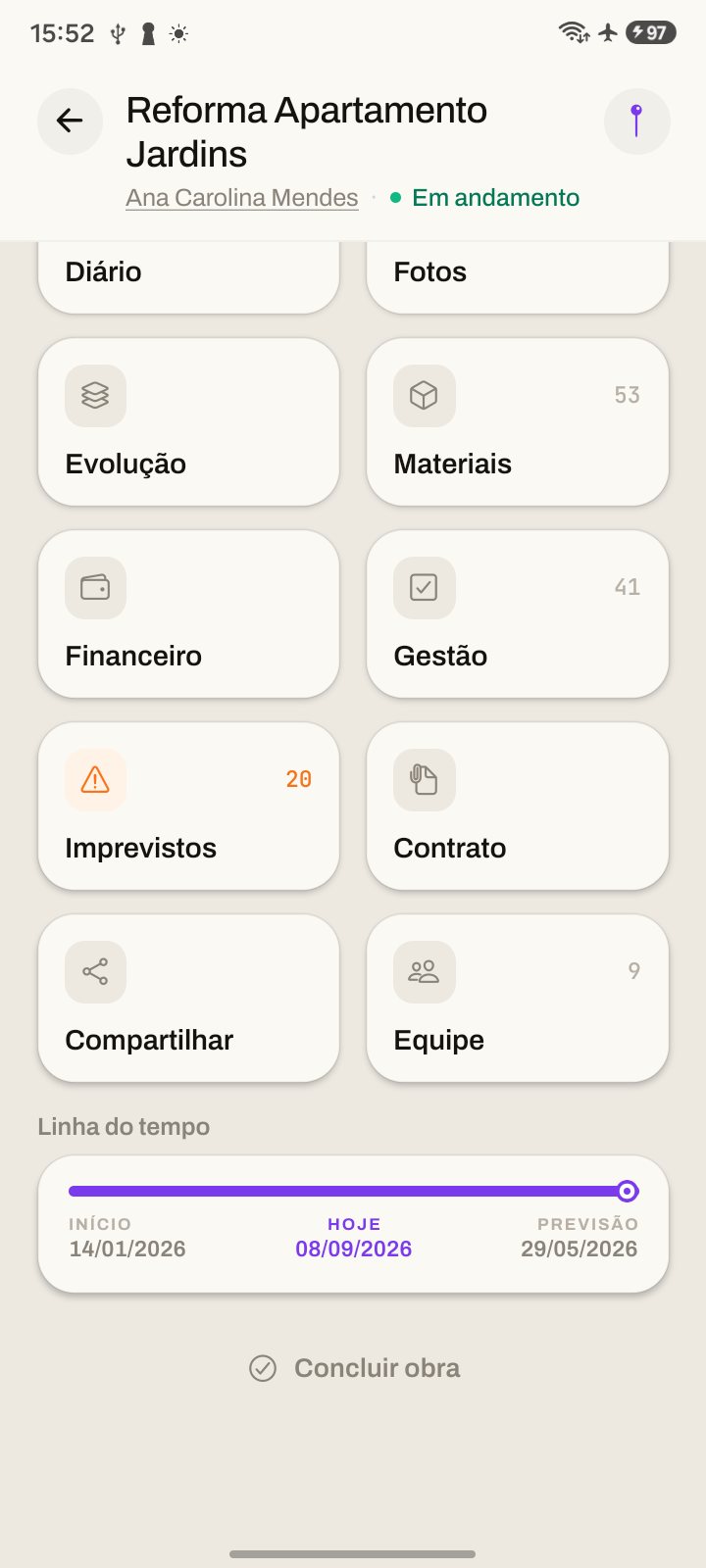 Os módulos da obra: diário, fotos, evolução, materiais, financeiro, gestão, imprevistos, contrato, equipe