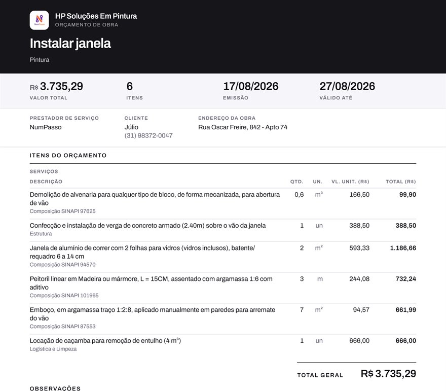 O orçamento real gerado pela NumPasso: logo da empresa, itens com referência SINAPI e total
