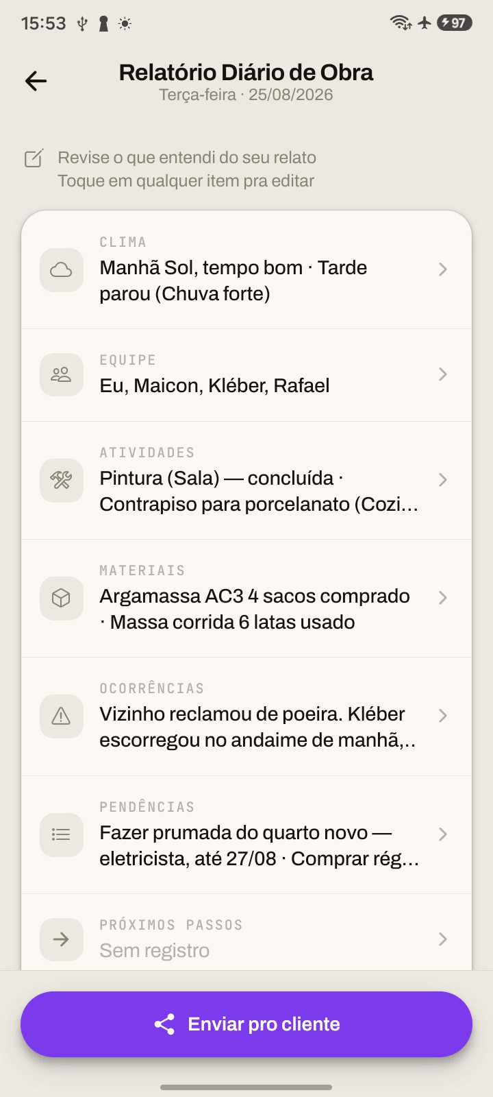 Relatório diário de obra pronto no aplicativo